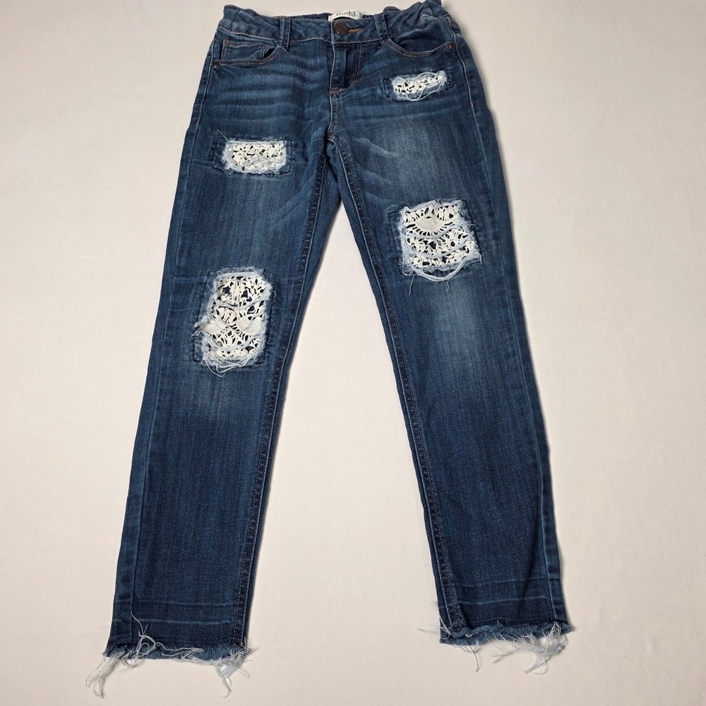 Mudd Jeans Girls Size 10 Blue Skinny Lace Distressed Frayed Hem Adjustable Waist